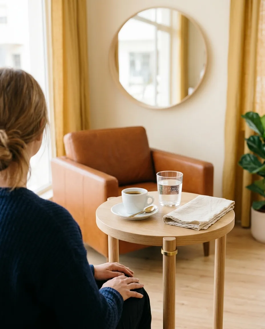 Uma chávena de café e um copo de água numa mesinha do salão