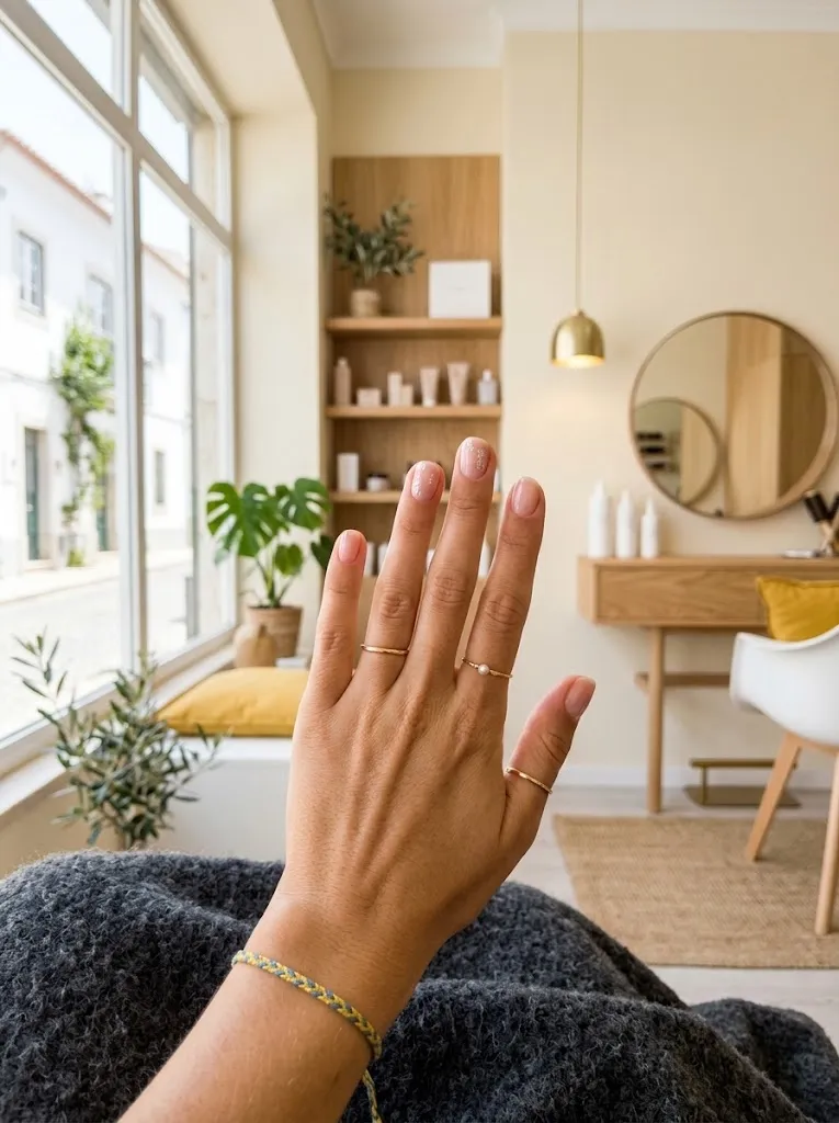 Unhas de gel nude com um apontamento de folha prateada